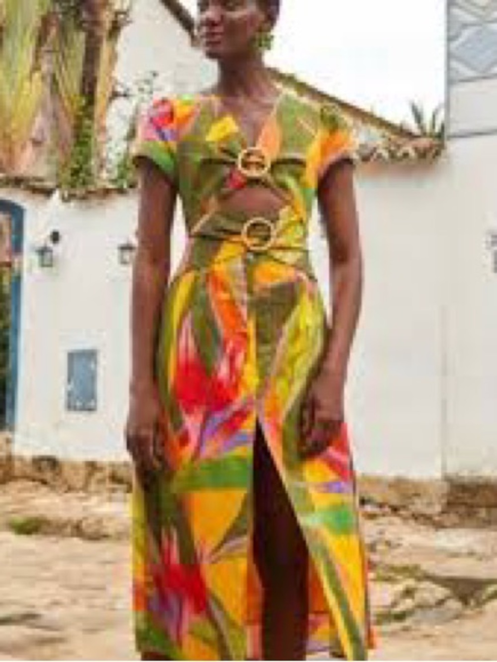 Farm Rio Yellow Garden Midi Dress Womens Large NWT Tropical Cutout Ring Detail